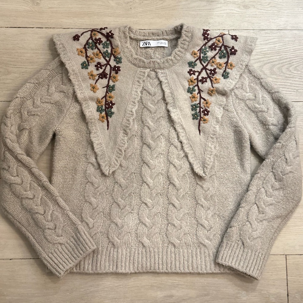 Zara Cream Cable Knit Sweater with Embroidered Collar